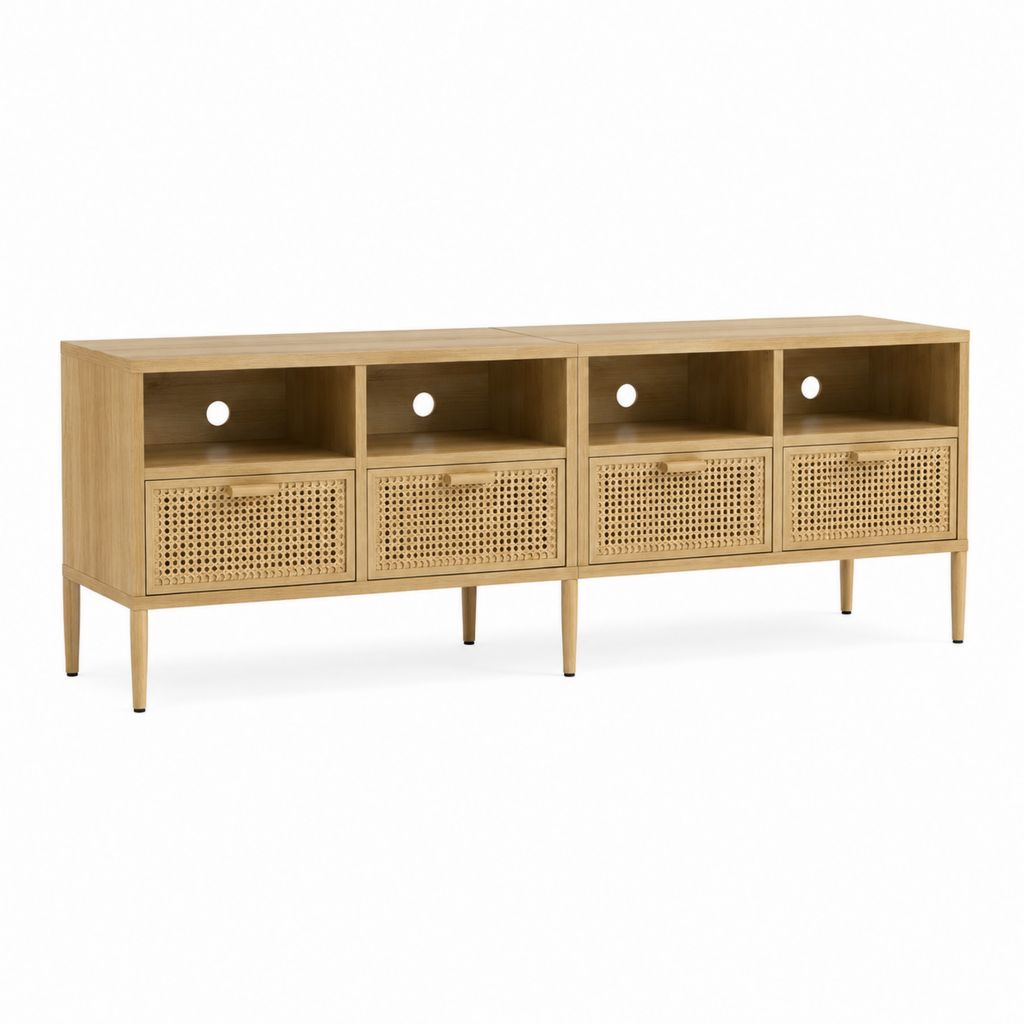 TV-Lowboard mit 4 Schubladen Natur aus massivem Mangoholz und Rattan rechteckig 180 x 40 x 75 cm