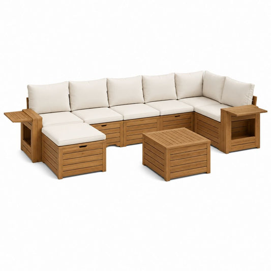 Gartenlounge-Set aus massivem Akazienholz natur mit cremefarbenen Polyesterkissen L-Form 260 x 200 x 70 cm