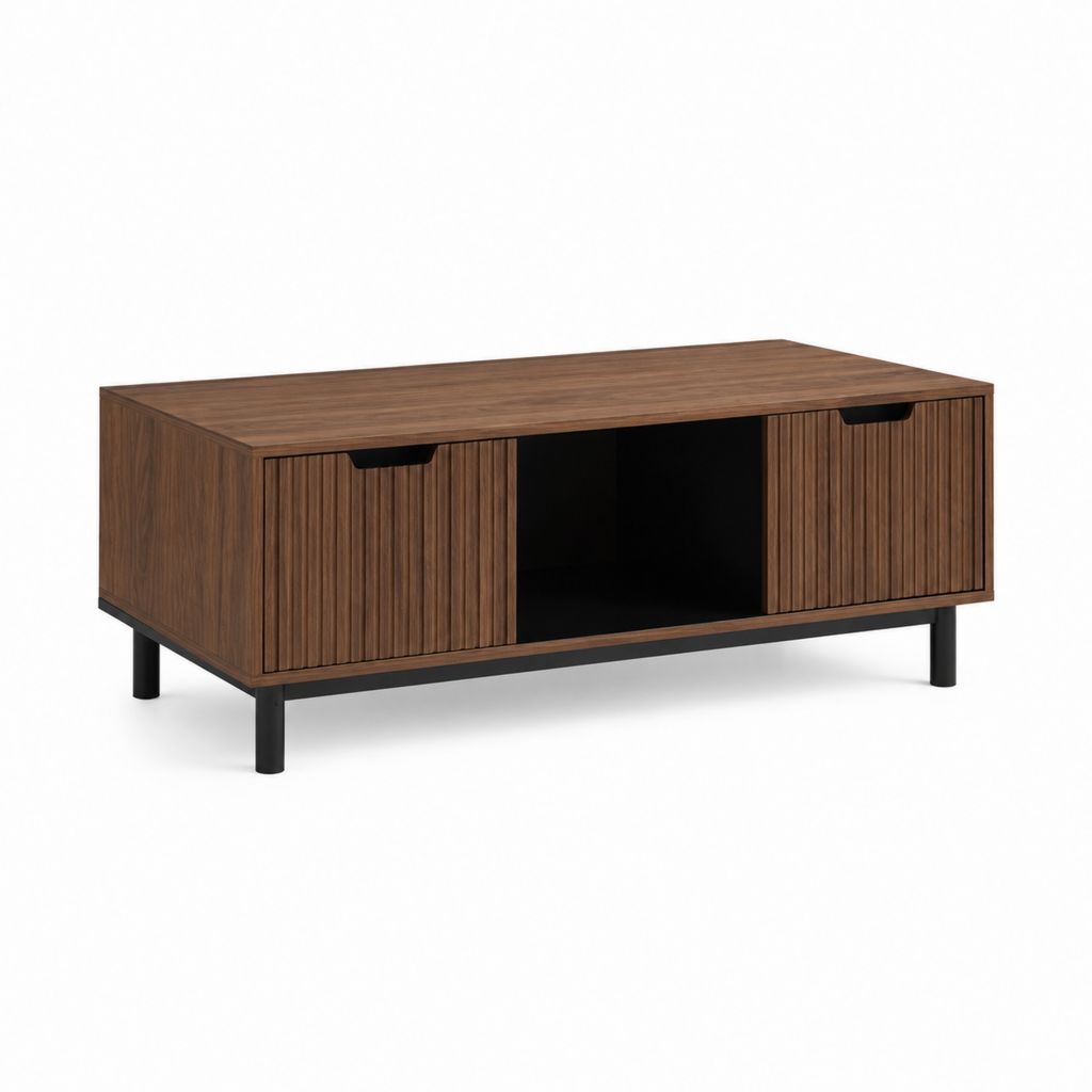 Couchtisch Walnussbraun aus MDF und Stahl rechteckig 120 x 60 x 45 cm mit Schiebetüren