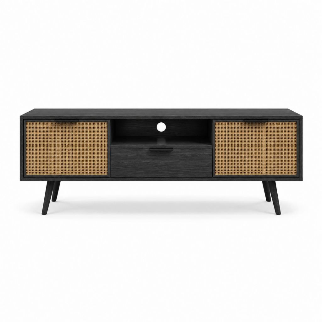 TV-Lowboard Schwarz MDF mit Rattangeflecht rechteckig 140 x 40 x 55 cm