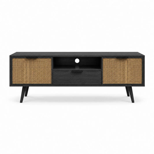 TV-Lowboard Schwarz MDF mit Rattangeflecht rechteckig 140 x 40 x 55 cm