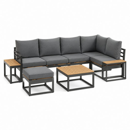 Gartenlounge-Set 6-teilig Anthrazit Stahl Polyester Ecksofa mit Akazienholz-Tischen 250 x 190 x 65 cm