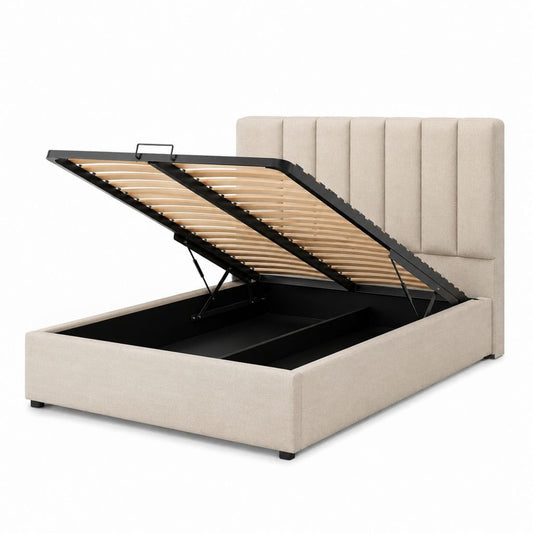 Stauraumbett Beige Polyestergewebe Rechteckig mit Gasdruckfeder 160 x 200 cm