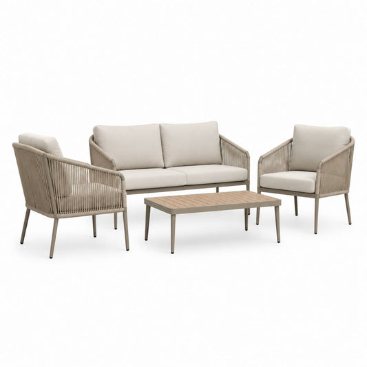 Gartenlounge Set 4-teilig Beige Aluminium Kunststoffseil mit 2 Sesseln 2-Sitzer Sofa und Couchtisch 120 x 60 cm