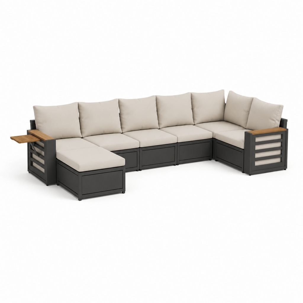 6-teiliges Gartenlounge-Set Ecksofa Beige Aluminium mit Akazienholz 300 x 230 x 70 cm
