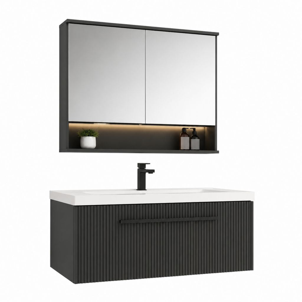 Badmöbel Set Schwarz mit Keramikwaschbecken und LED Spiegelschrank 100 x 46 x 50 cm