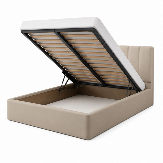 Stauraumbett Doppelbett Beige mit Polyesterbezug und Lattenrost 160 x 200 cm