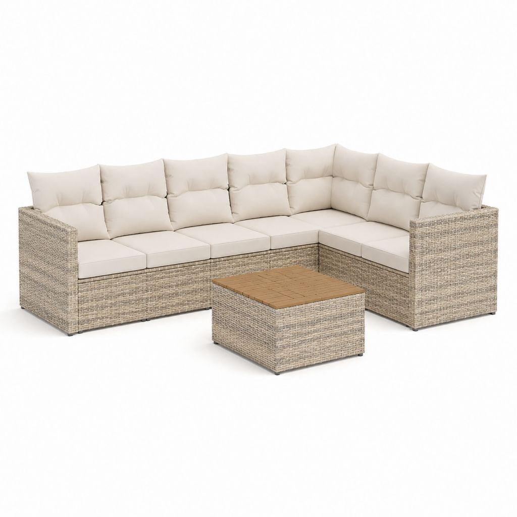 5-teiliges Gartenlounge Set Beige Polyrattan Ecksofa mit Akazienholz Couchtisch 220 x 220 cm