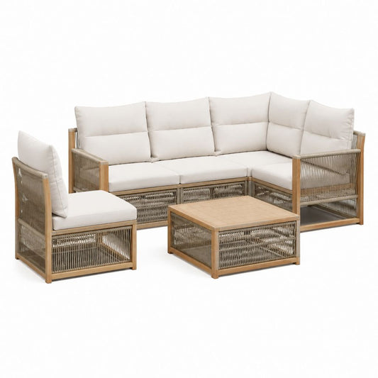 Gartenlounge Set 3-teilig Natur Beige aus Akazienholz und Polypropylen-Seilgeflecht L-Form Ecksofa 212 x 212 cm mit Sessel und Couchtisch 90 x 90 cm