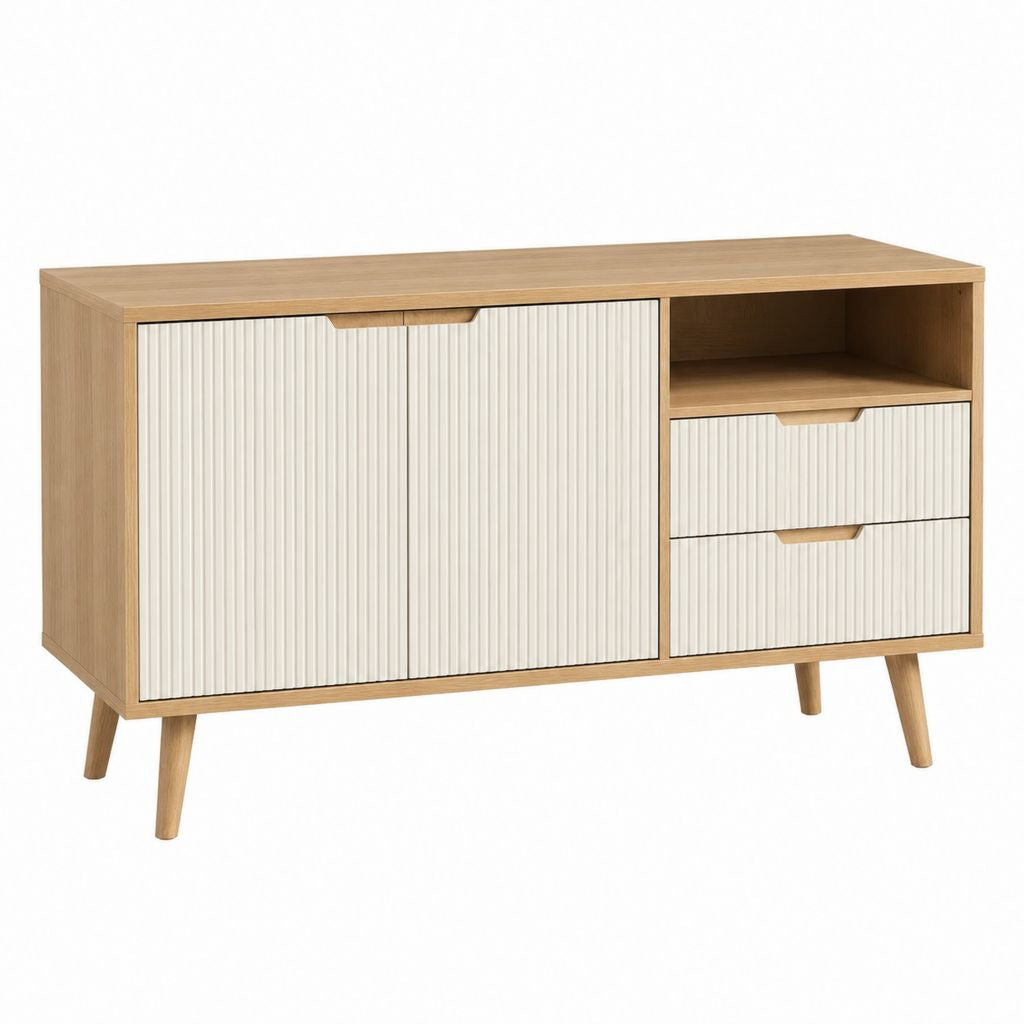 Sideboard TV-Schrank Eichefarben Weiß aus Spanplatte rechteckig mit 3 Türen 2 Schubladen 120 x 40 x 75 cm