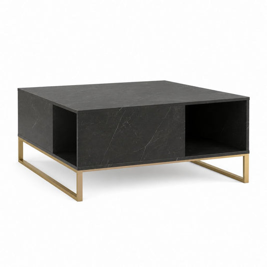 Couchtisch Schwarz Gold mit Marmoroptik Rechteckig 100 x 60 x 40 cm mit offenen Fächern