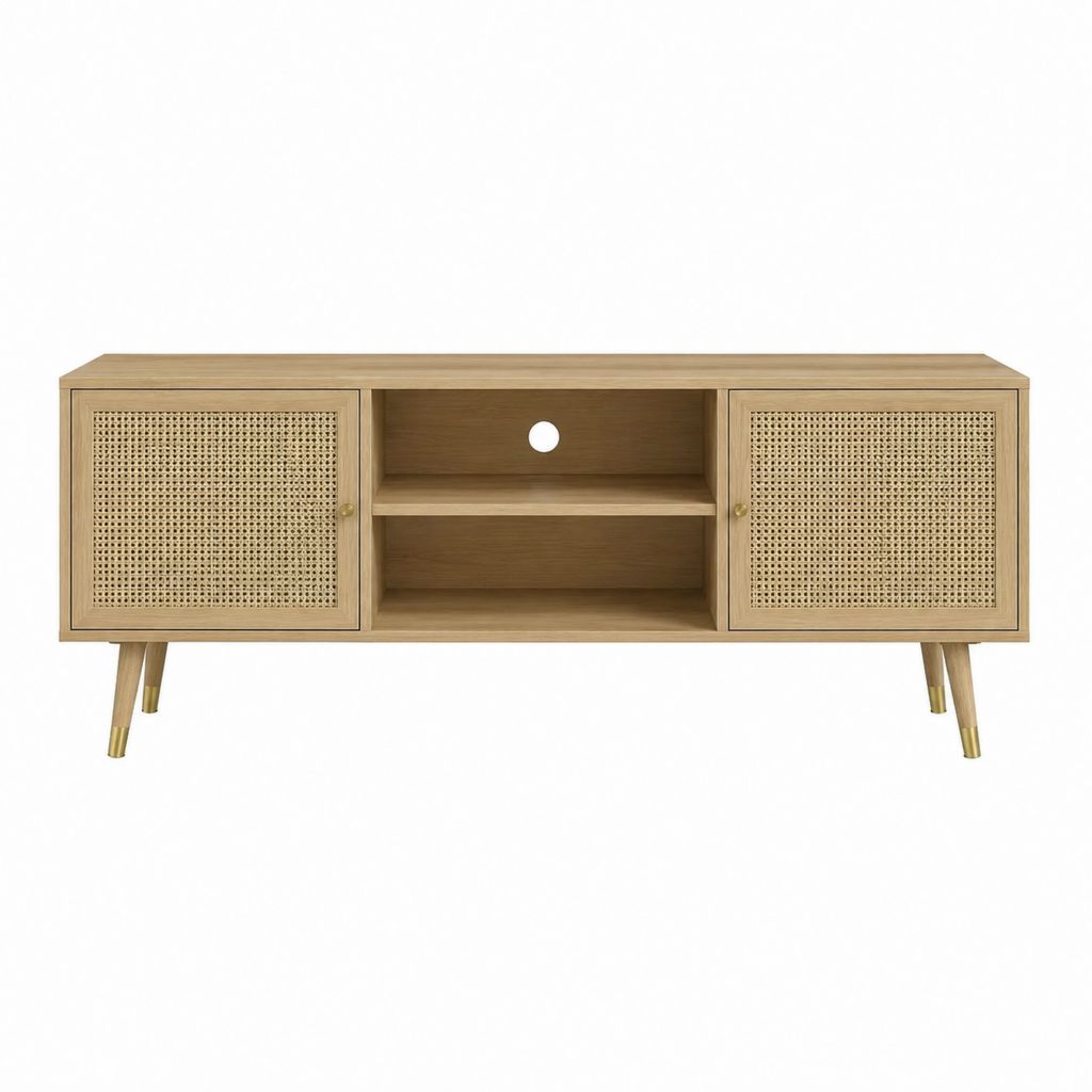 TV-Lowboard Natur MDF mit Eichenfurnier und Rattan rechteckig 160 x 40 x 60 cm