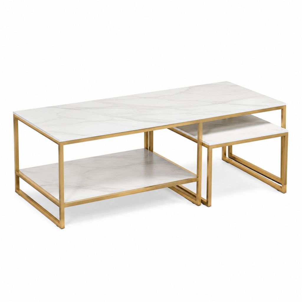Couchtisch-Set 2-teilig Weiß Gold MDF mit Marmordekor Rechteckig großer Tisch 100 x 60 x 45 cm kleiner Tisch 60 x 40 x 38 cm