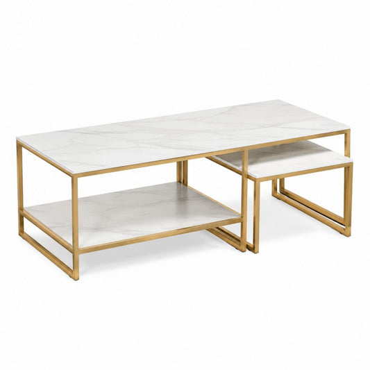 Couchtisch-Set 2-teilig Weiß Gold MDF mit Marmordekor Rechteckig großer Tisch 100 x 60 x 45 cm kleiner Tisch 60 x 40 x 38 cm